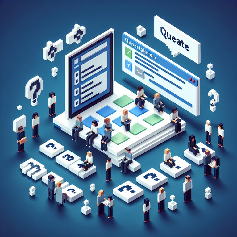 3D voxel art depicting online employee engagement survey process on a dark blue background.