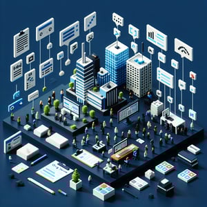 3D voxel art depicting online return to work surveys on a dark blue background.