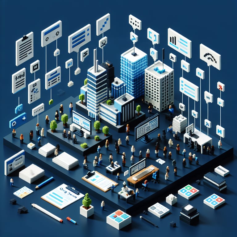 3D voxel art depicting online return to work surveys on a dark blue background.