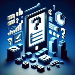 3D voxel art depicting the concept of online surveys on a smartphone, set against a dark blue background.
