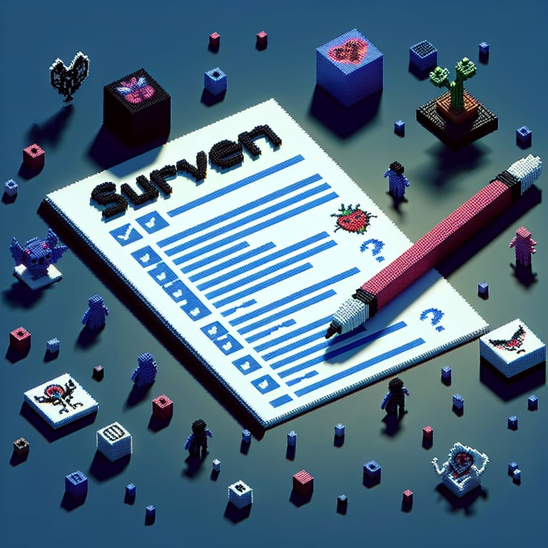 3D voxel art depicting online surveys, with tattoo-themed elements on a dark blue background.