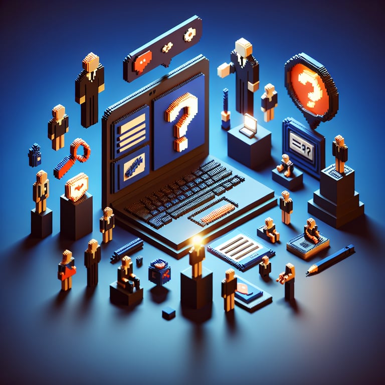 3D voxel art depicting online surveys on euthanasia with a dark blue background.