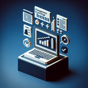 3D voxel art depicting online management evaluation surveys on a dark blue background.