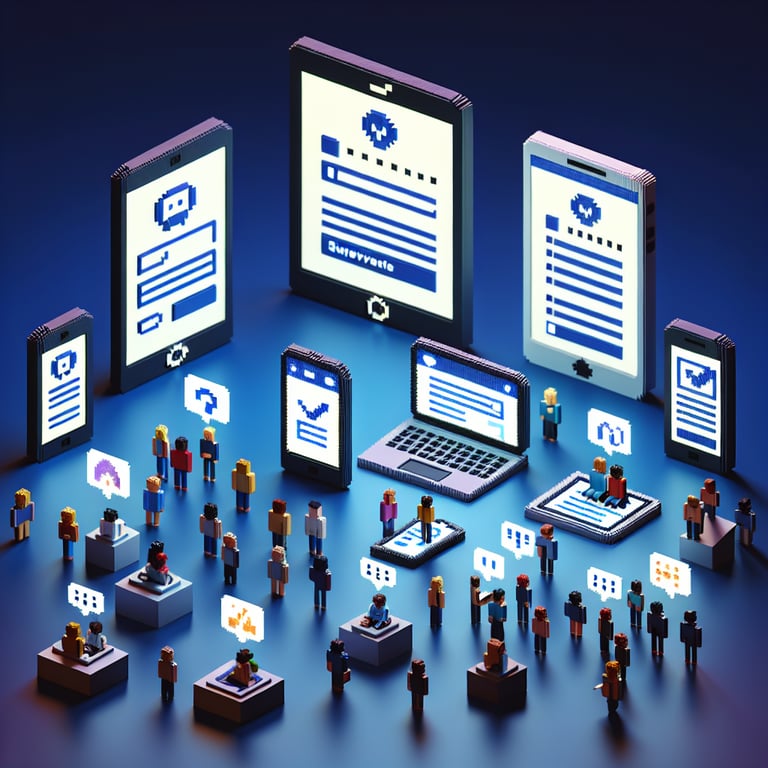 3D voxel art depicting online surveys, symbolizing pre open enrollment survey questions on a dark blue background.