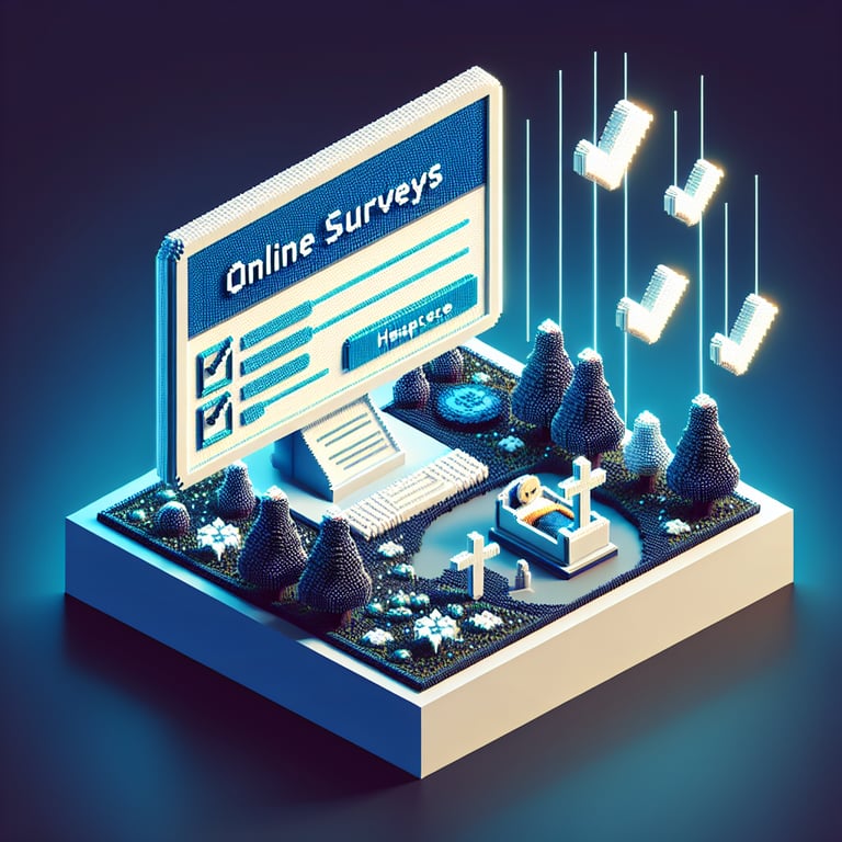 3D voxel art depicting online hospice surveys on a dark blue background.