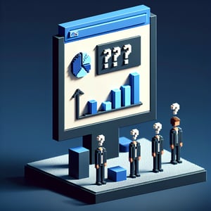 3D voxel art depicting online employee morale survey process on a dark blue background.