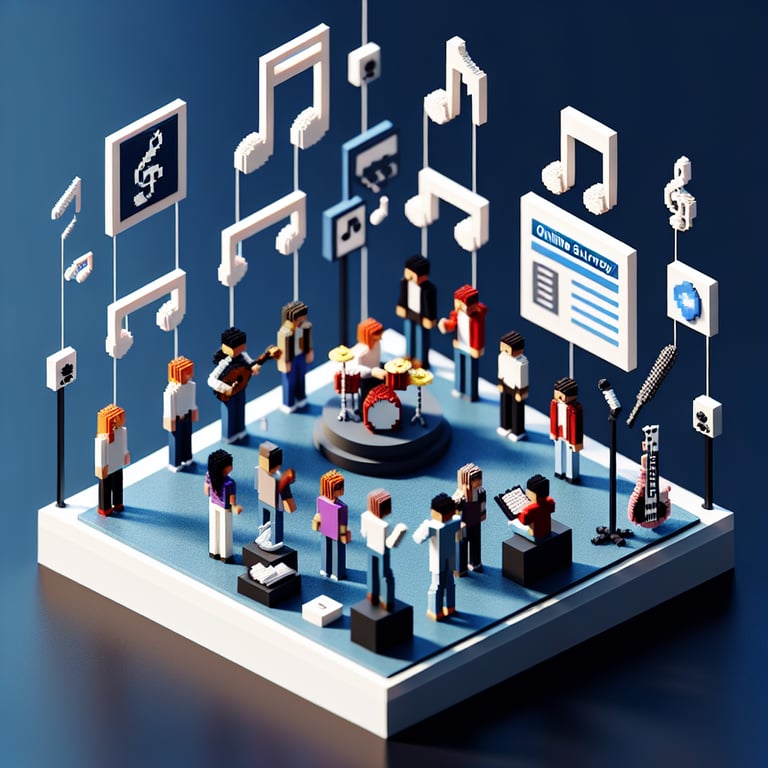 3D voxel art showing online survey concept with music symbols on a dark blue background.