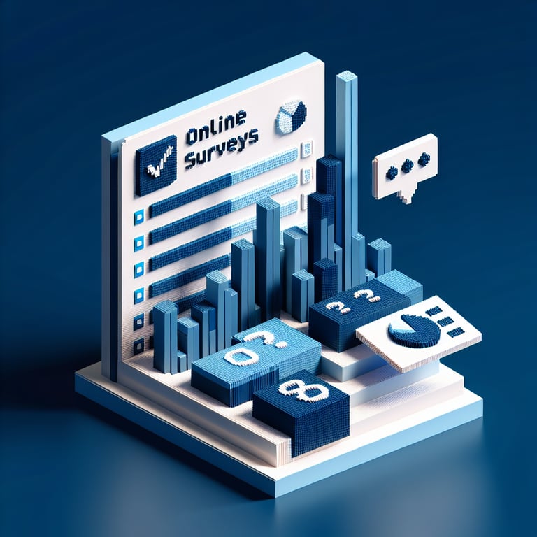 3D voxel art depicting various age brackets for a survey question, set against a dark blue background.
