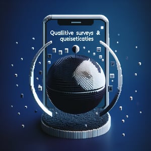 3D voxel art depicting online surveys, with a dark blue background, suitable for a phone app survey landing page.