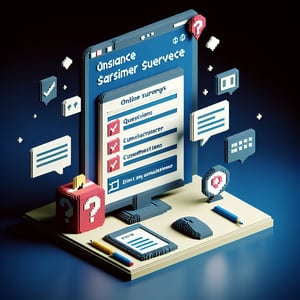 3D voxel art depicting online insurance customer satisfaction survey process on a dark blue background.