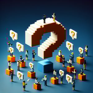 3D voxel art depicting online employee surveys with a dark blue background.