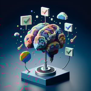 3D voxel art representing online artificial intelligence surveys on a dark blue background.