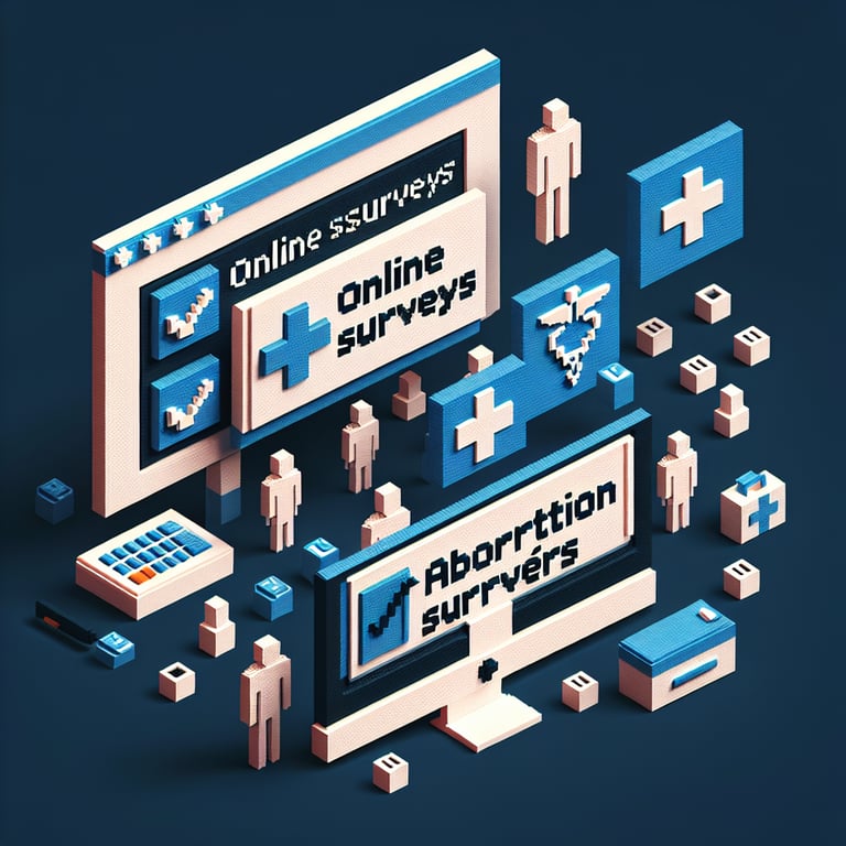 3D voxel art illustrating the concept of online Hispanic abortion surveys on a dark blue background.