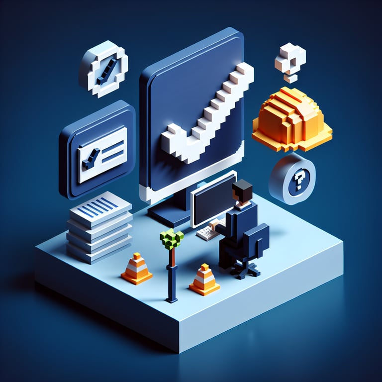 3D voxel art illustrating the concept of online employee safety surveys on a dark blue background.