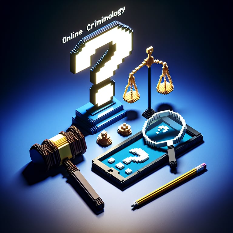 3D voxel art of online criminology survey symbols on a dark blue background.