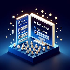 3D voxel art depicting online age group surveys, with a dark blue background.