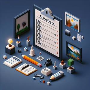 3D voxel art depicting the concept of online art gallery surveys on a dark blue background.