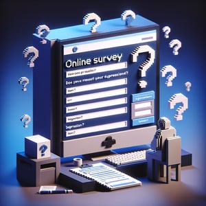 3D voxel art depicting online depression survey, featuring dark blue background.