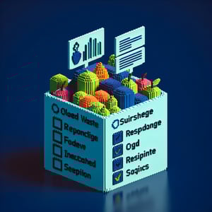 3D voxel art depicting online food waste surveys on a dark blue background.