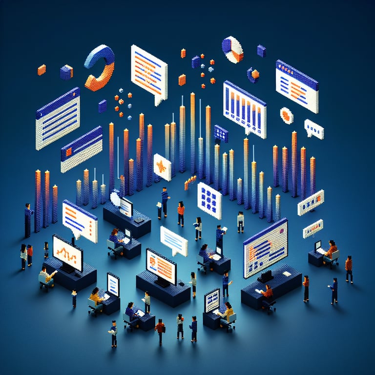 3D voxel art depicting online surveys with a dark blue background, no text or branded content.
