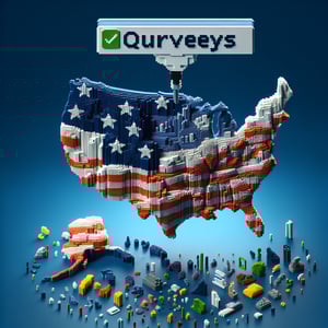 3D voxel art depicting online surveys related to different regions of the US, on a dark blue background.