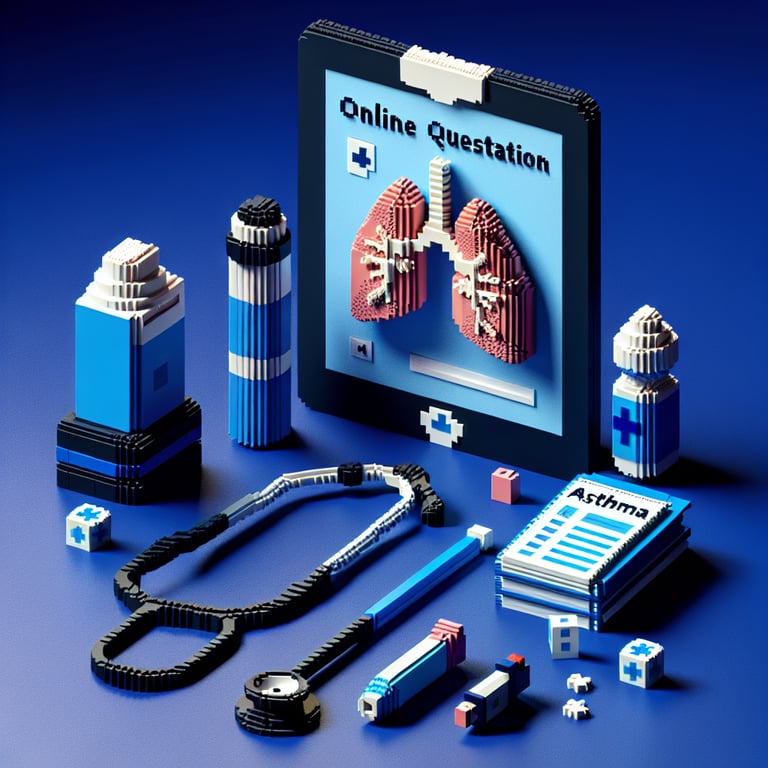 3D voxel art depicting an online asthma survey concept on a dark blue background.