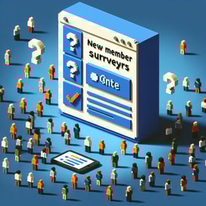 3D voxel art depicting online surveys, set against a dark blue background for a new member survey landing page.