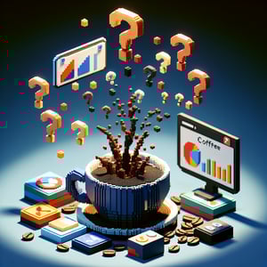 3D voxel art of online survey with coffee cup and question marks on a dark blue background.