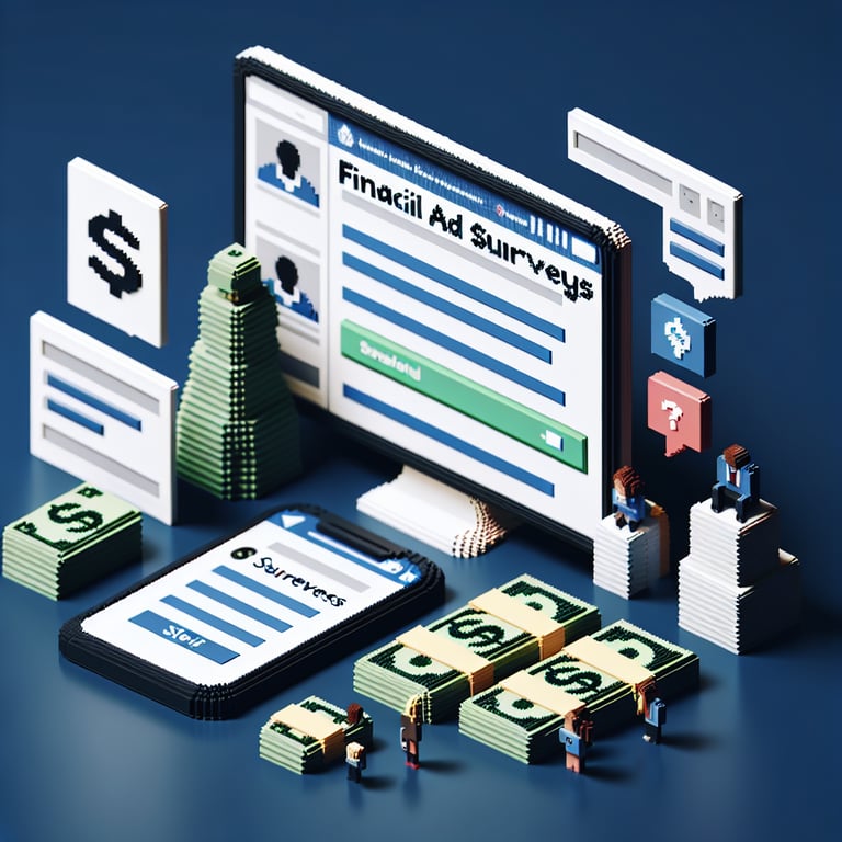 3D voxel art depicting online financial aid survey with a dark blue background.