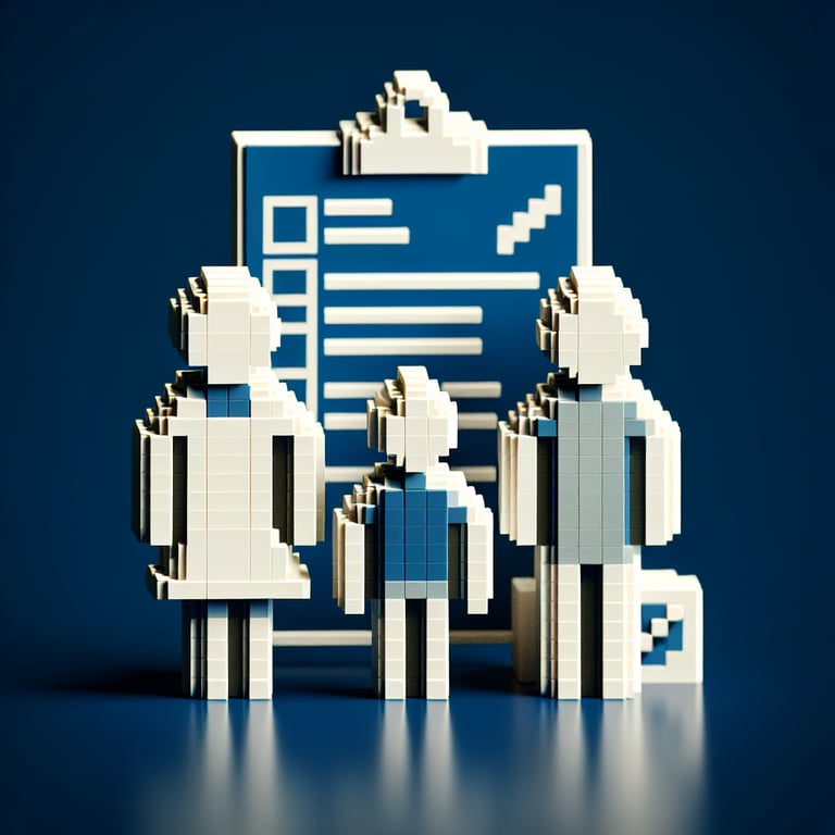 3D voxel art depicting online parent-student survey concept on a dark blue background.
