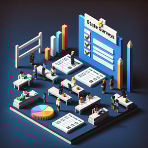 3D voxel art depicting online surveys on a dark blue background, representing CNA state surveys.