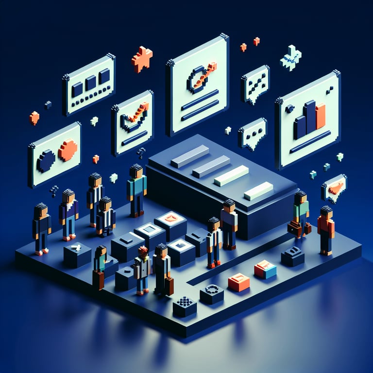3D voxel art depicting online surveys against a dark blue background, symbolizing free customer satisfaction surveys.