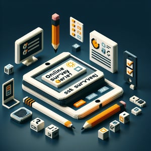 3D voxel art depicting online education survey concept on a dark blue background.