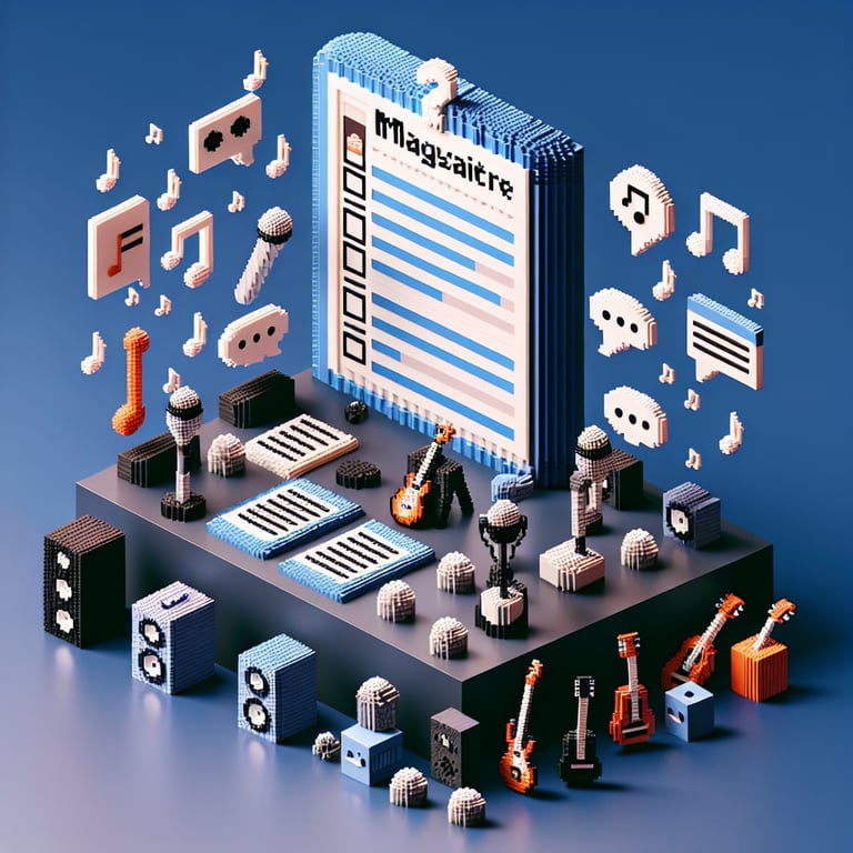 3D voxel art depicting online music magazine surveys with a dark blue background.