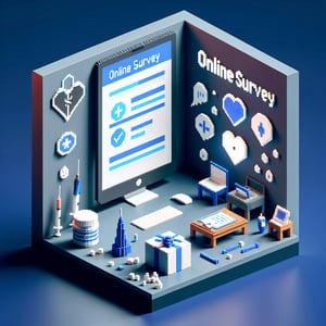 3D voxel art depicting online opioid and mental health surveys on a dark blue background.
