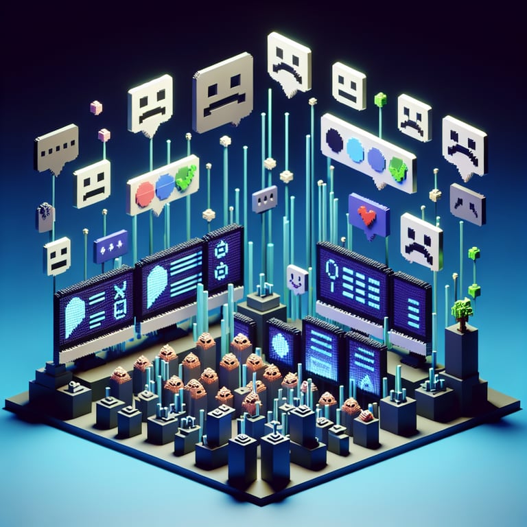 3D voxel art depicting the concept of ordinal satisfaction surveys on a dark blue background.