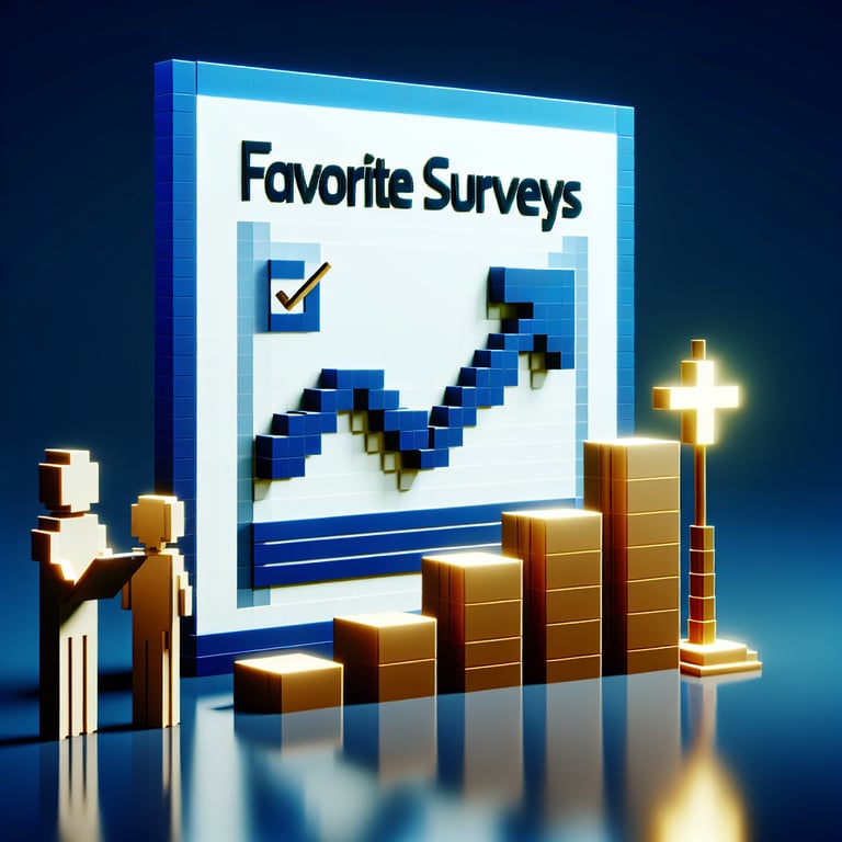 3D voxel art depicting online surveys, set against a dark blue background, symbolizing favorite survey questions.