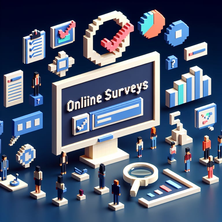3D voxel art depicting online surveys for marketing research on a dark blue background.