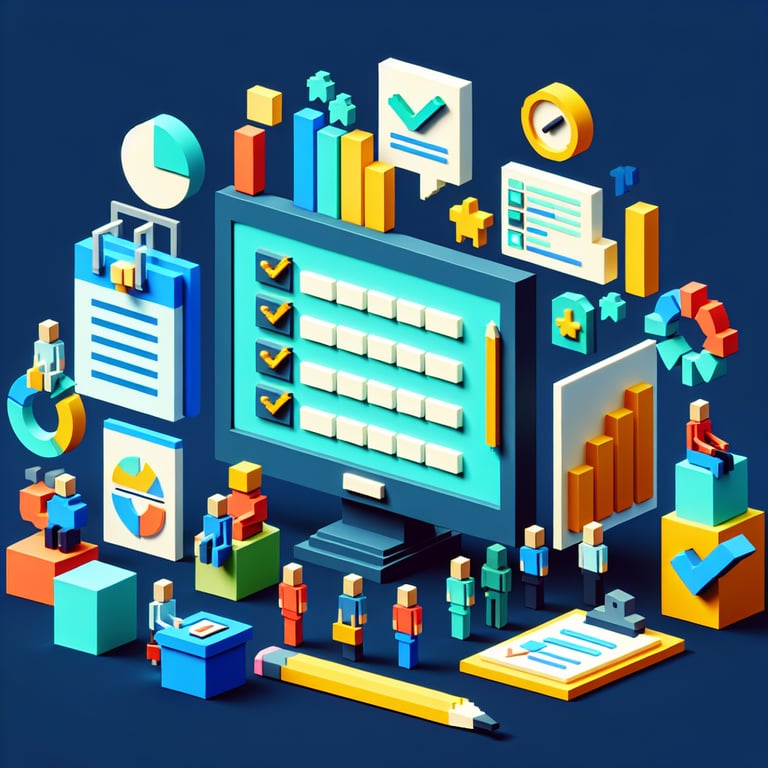 3D voxel art depicting online survey process with elements symbolizing flexible work schedules.