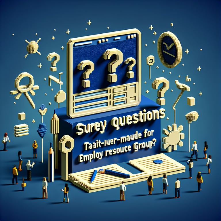 3D voxel art depicting online surveys with a dark blue background, symbolizing employee resource group surveys.