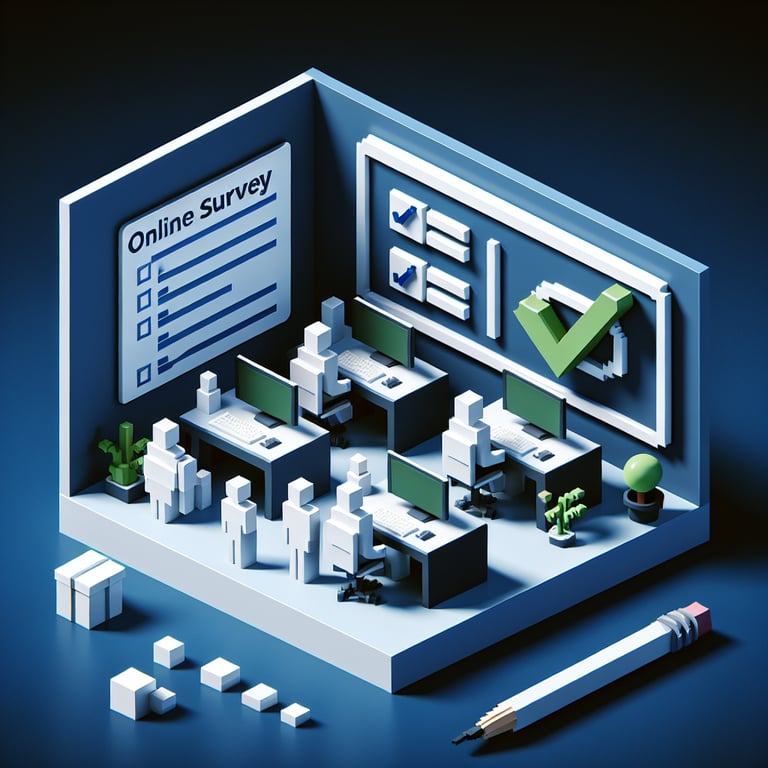 3D voxel art depicting online employee survey process on a dark blue background.