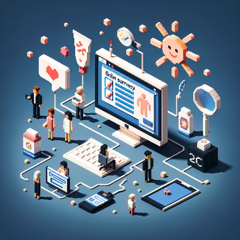 3D voxel art depicting the concept of online skin cancer surveys on a dark blue background.