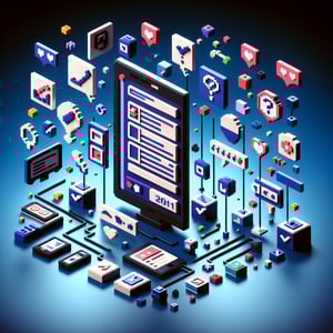 3D voxel art depicting online surveys, questions, and social media advertising on a dark blue background.