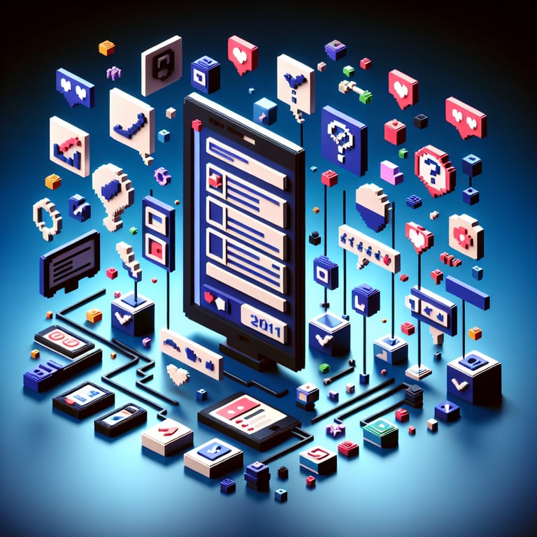 3D voxel art depicting online surveys, questions, and social media advertising on a dark blue background.