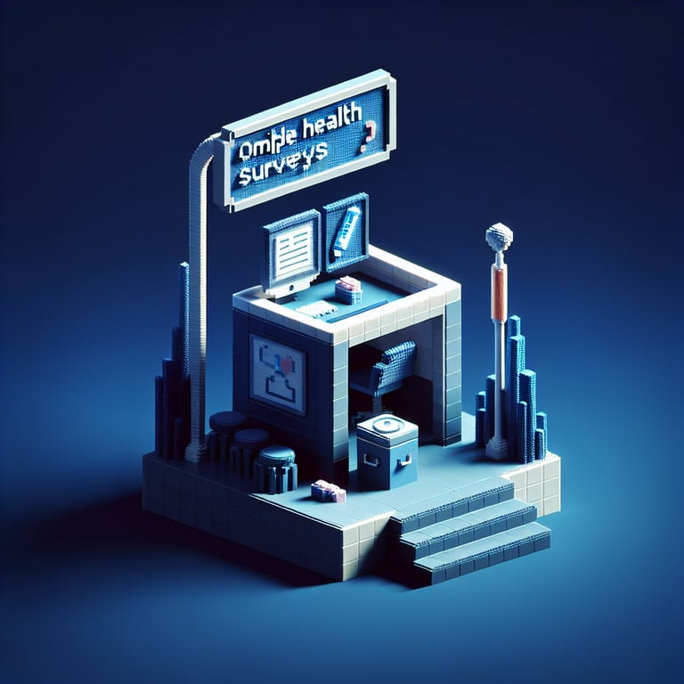 3D voxel art depicting online health surveys, featuring engaging elements on a dark blue background.