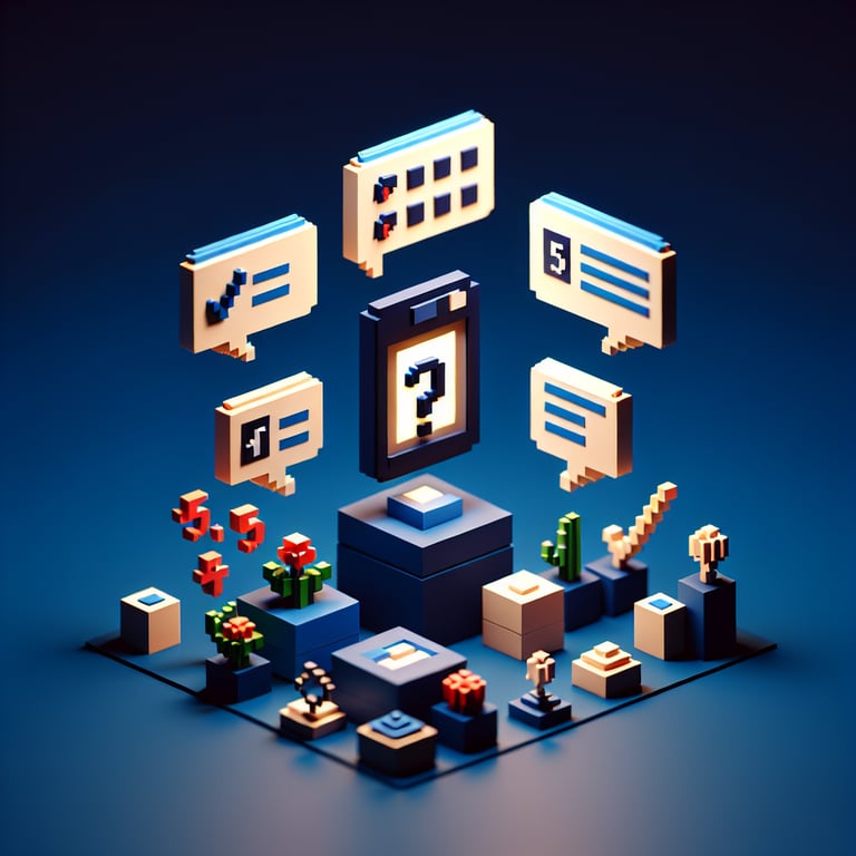3D voxel art depicting online surveys for better personal understanding on a dark blue background.