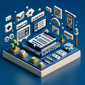 3D voxel art depicting online recognition surveys, with a dark blue background.