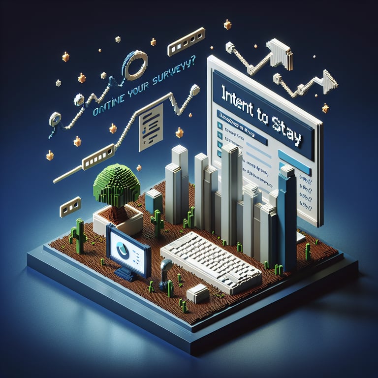 3D voxel art depicting online surveys on a dark blue background, symbolizing intent to stay surveys.