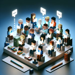 3D voxel art depicting the concept of engaging high schoolers in online surveys on a dark blue background.