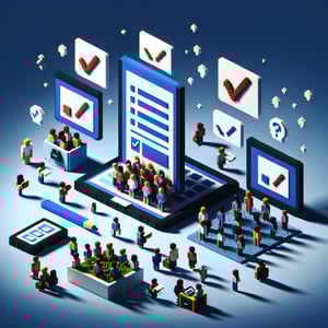 3D voxel art depicting online surveys, symbolizing pain point survey questions on a dark blue background.